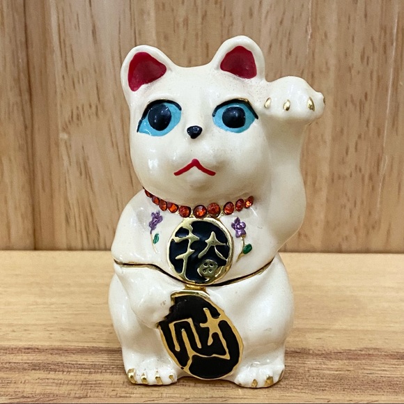 Objet d Art Form Work of Art Asian Lucky Cat Fortune Cat Enamel Trinket Box - Picture 3 of 11